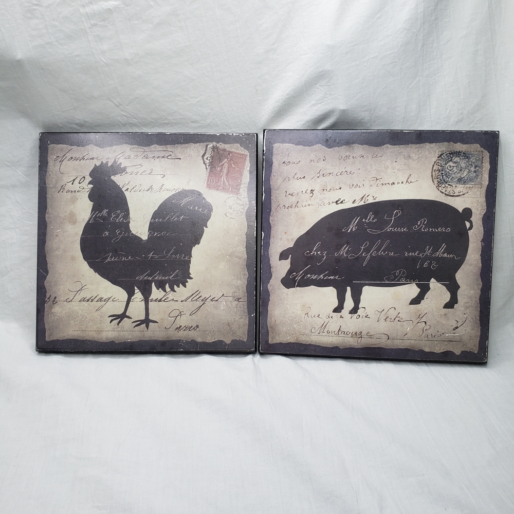 Home Interiors French Country Wall Art Chicken And Pig Distressed 8 X 8 Inches